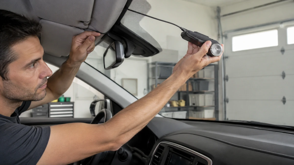Montagem da c&acirc;mara autom&oacute;vel Extralink Lifestyle Dash Cam junto ao para-brisas dianteiro do ve&iacute;culo