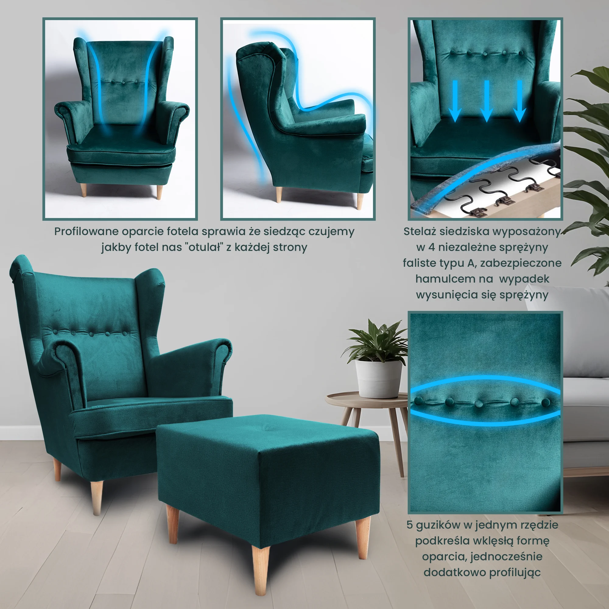 JANE ARMCHAIR WITH FOOTREST, GREEN