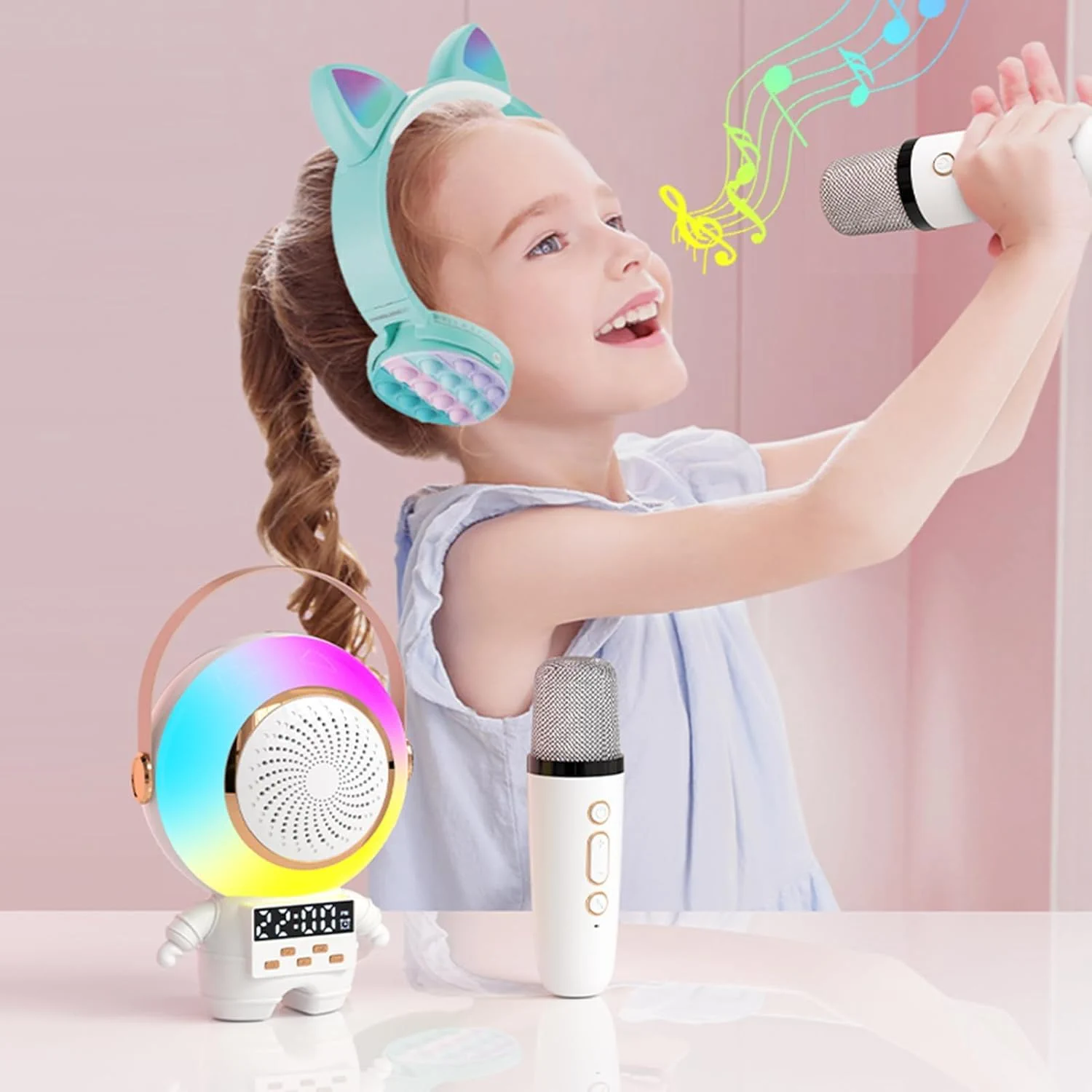 EXTRALINK KIDS ASTRO LED KARAOKE SPEAKER DUAL MICROPHONE WHITE