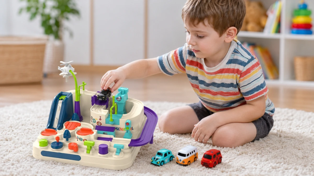 Criança a controlar um carrinho numa pista inteligente Extralink Toys