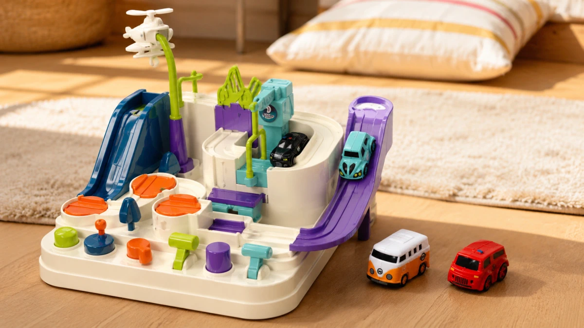 Carrinhos a ultrapassar descidas e elementos móveis da pista Extralink Toys