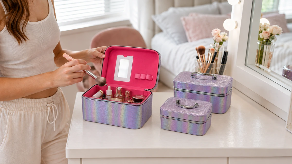Conjunto de três maletas cosméticas em um estúdio de maquiagem