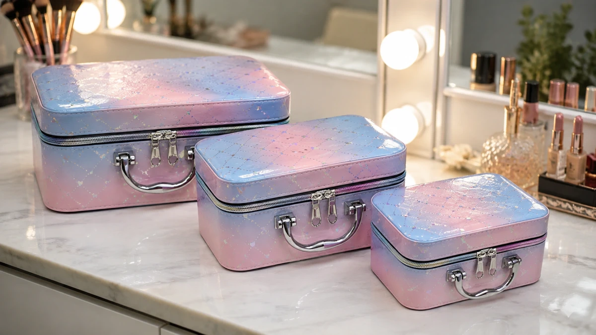Set aus drei pastellfarbenen Kosmetikkoffern auf dem Schminktisch