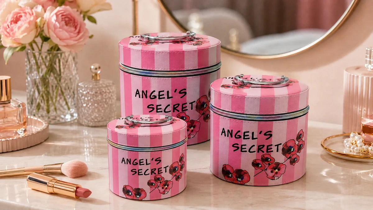 Drei rosa Kosmetikkoffer Angel&rsquo;s Secret auf dem Schminktisch