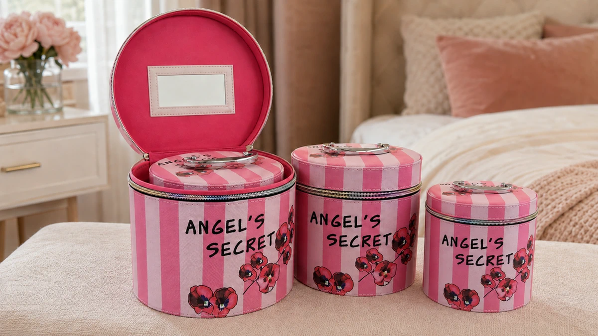 Drei rosa Angel&rsquo;s Secret Koffer im Kleiderschrank aufgestellt