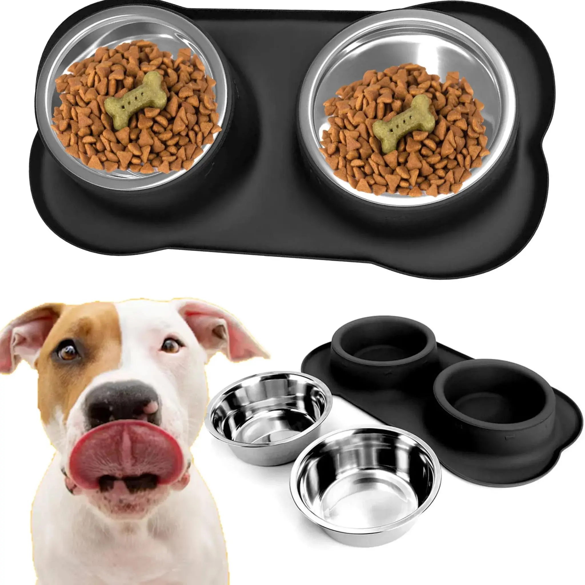 EXTRALINK PETS PODWÓJNA MISKA DLA PSA KOTA METALOWA ANTYPOŚLIZGOWA 2 MISKI + PODKŁADKA PET-836