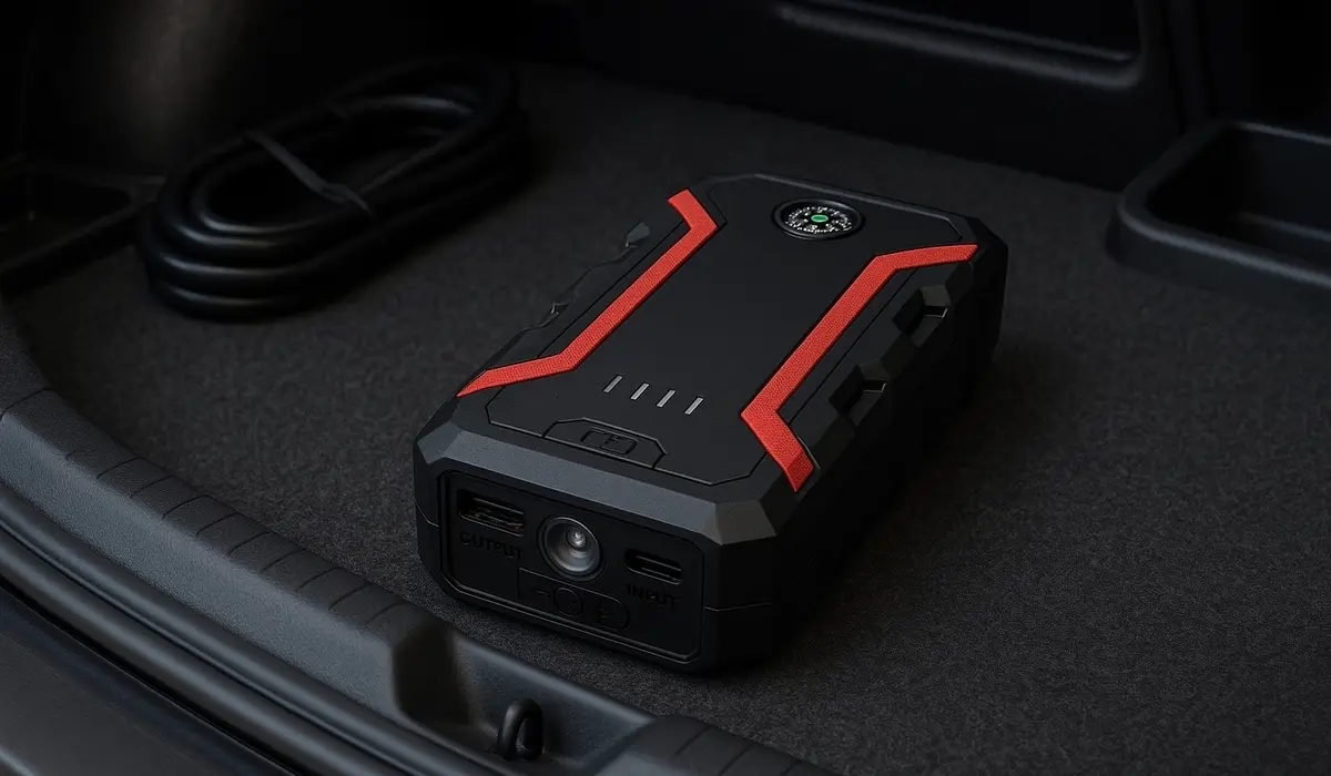 Starter akumulatora Extralink umieszczony w bagażniku samochodu, z widocznymi portami wejścia/wyjścia i wbudowaną latarką