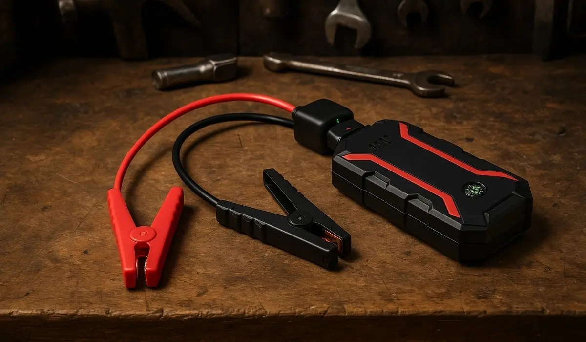 Przenośny starter Extralink z podłączonymi kablami rozruchowymi i zaciskami, leżący na drewnianym stole w warsztacie