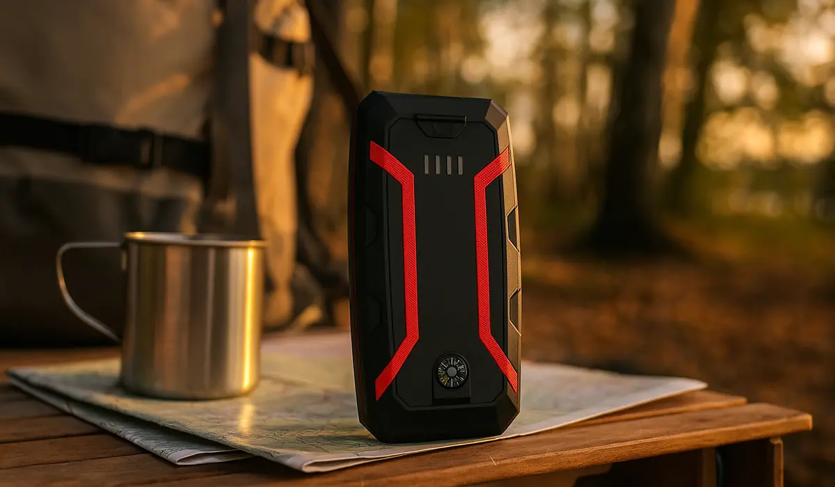 Starter akumulatorowy Extralink stojący pionowo na mapie w plenerze, obok kubka i plecaka, z widocznym kompasem