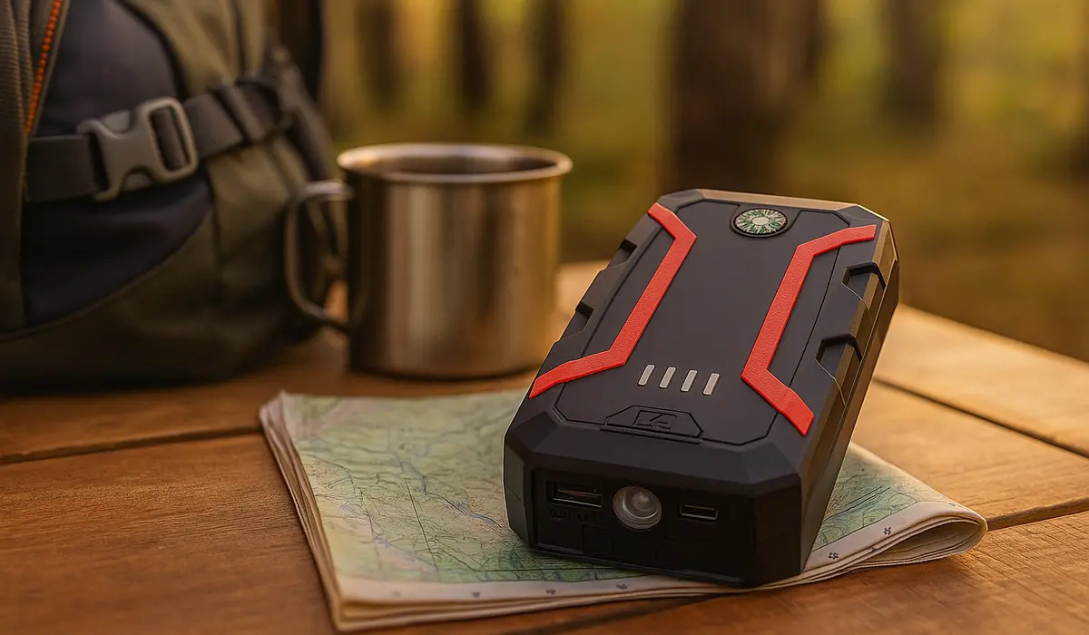 Starter Extralink leżący na mapie w warunkach outdoorowych, z widocznymi portami USB, latarką i kompasem