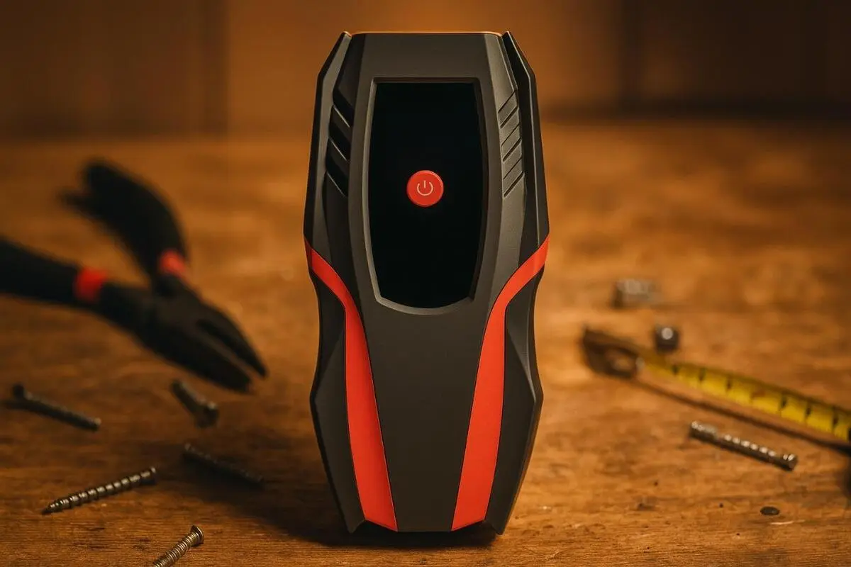 Powerbank rozruchowy Extralink Jump 3 ustawiony pionowo na stole warsztatowym wśród narzędzi, z czerwonym przyciskiem zasilania