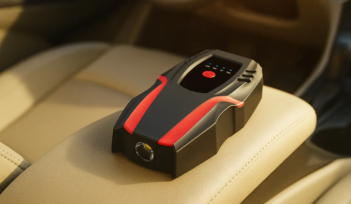 Powerbank rozruchowy Extralink Jump 3 umieszczony na podłokietniku samochodu, z widoczną latarką i diodami LED poziomu naładowania