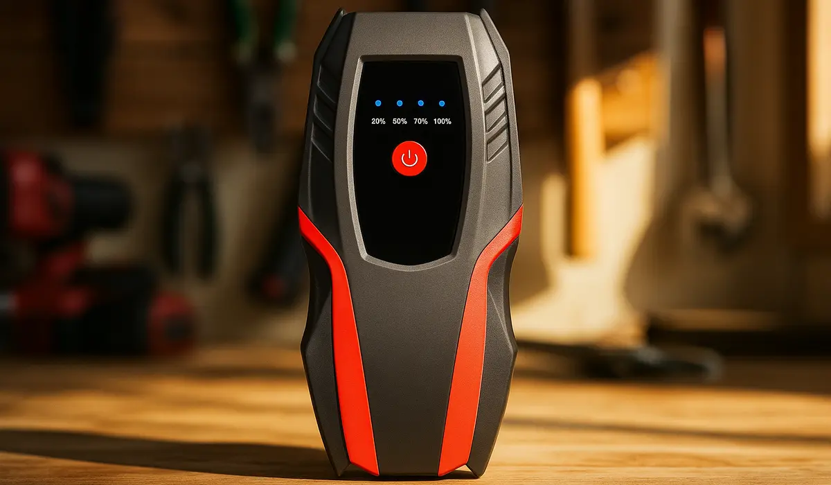 Powerbank rozruchowy Extralink Jump 3 stojący pionowo w warsztacie, z podświetlonym wskaźnikiem poziomu naładowania baterii