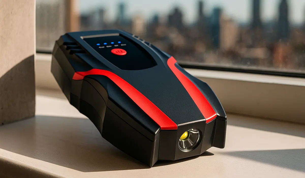 Powerbank rozruchowy Extralink Jump 3 leżący na parapecie z widoczną latarką LED i poziomem naładowania, w tle panorama miasta