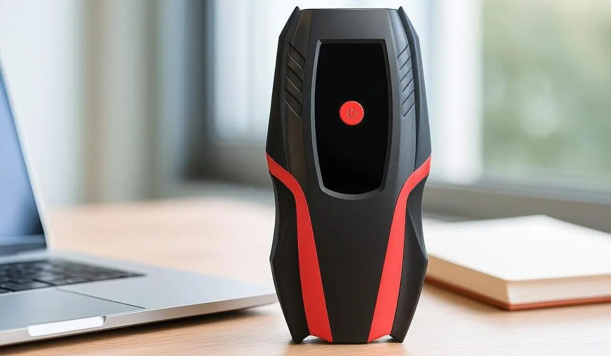 Powerbank rozruchowy Extralink Jump 3 w pozycji pionowej na biurku obok laptopa, z widocznym czerwonym przyciskiem zasilania