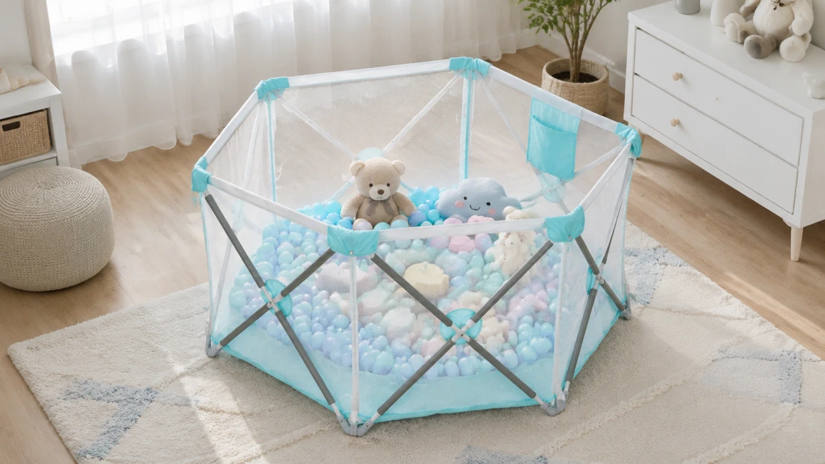 Cercado hexagonal Extralink Kids K-461 como piscina de bolinhas seca com bolinhas e peluches