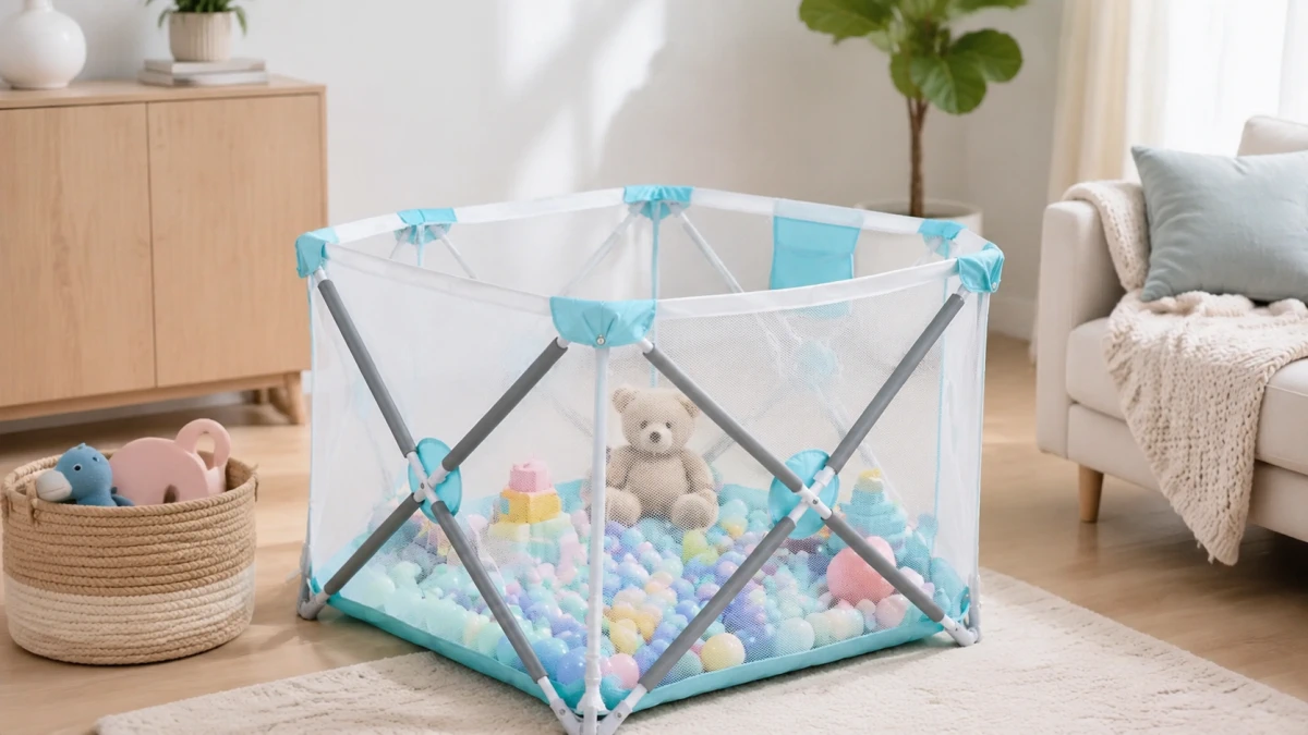 Cercado infantil dobr&aacute;vel Extralink Kids K-461 com a estrutura e as paredes de rede vis&iacute;veis