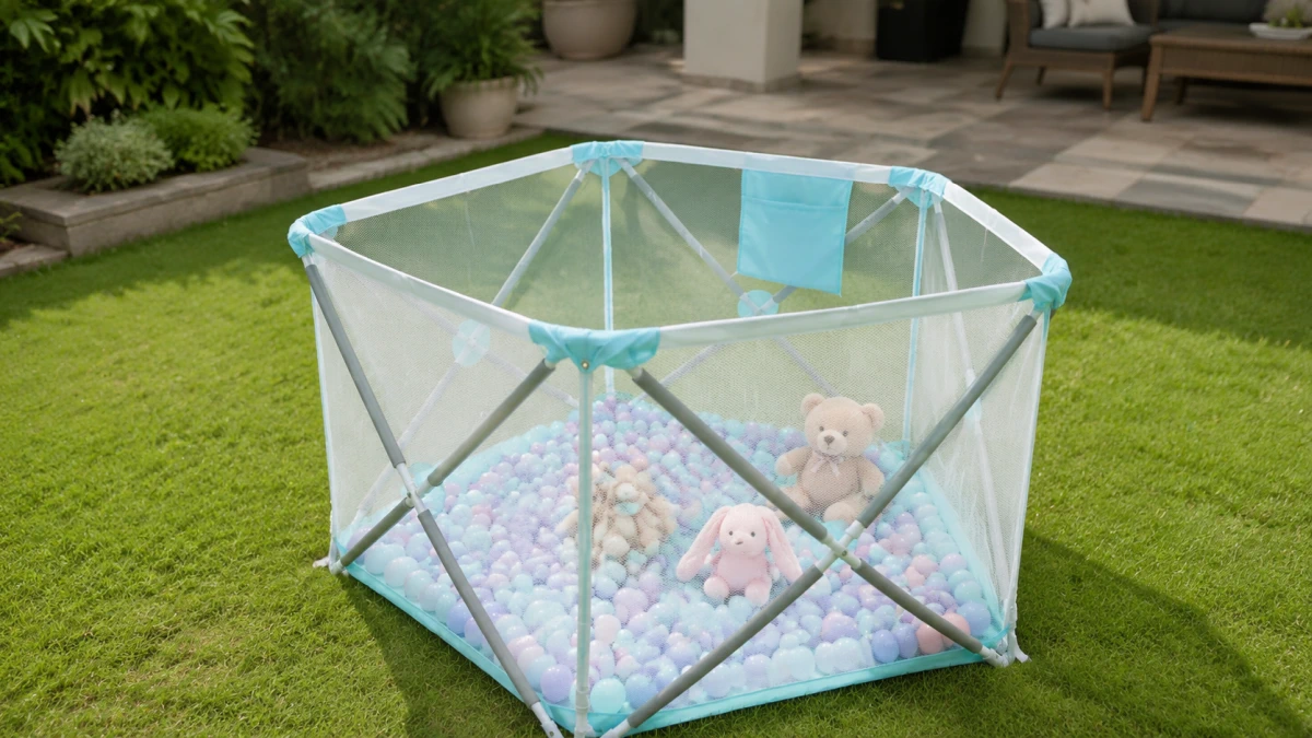 Cercado infantil Extralink Kids K-461 colocado na relva no jardim
