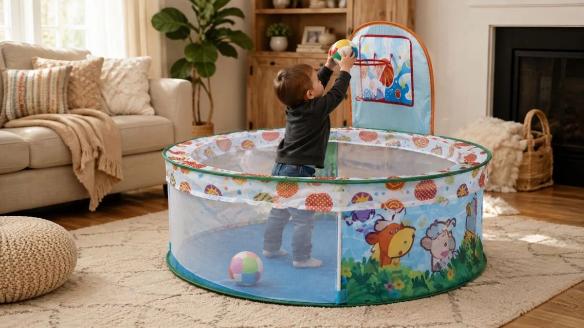 Crian&ccedil;a a lan&ccedil;ar uma bola para o cesto no cercado Extralink Kids K-476