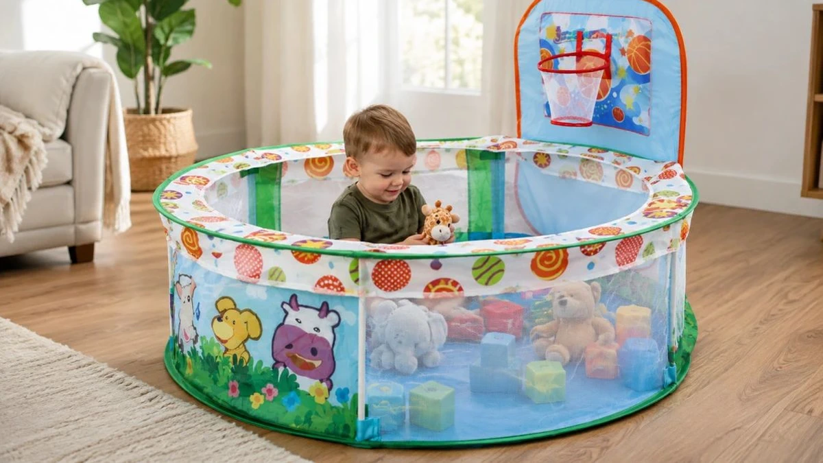 Crian&ccedil;a a brincar com blocos e peluches no cercado Extralink Kids K-476