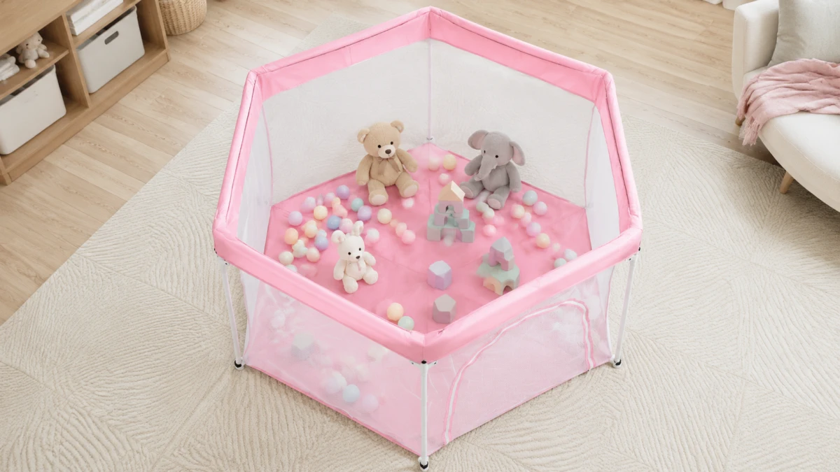 Cercado infantil rosa Extralink Kids K-465 com bolinhas, blocos e peluches