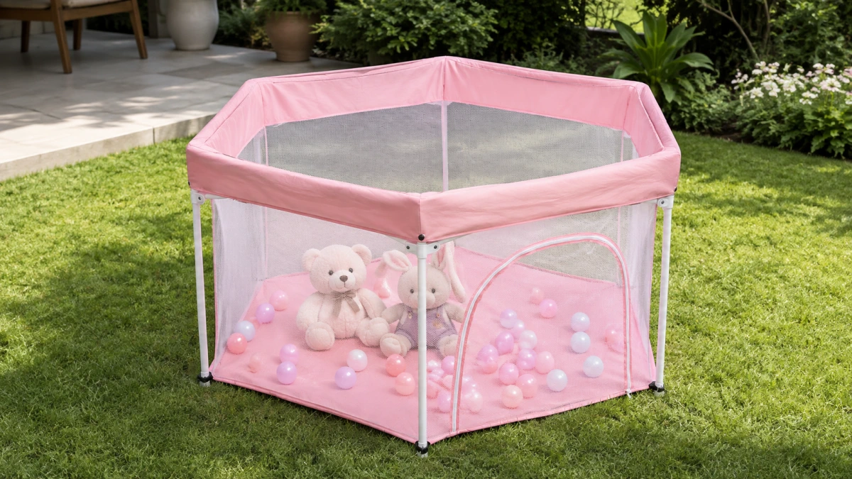 Cercado rosa Extralink Kids K-465 colocado na relva no jardim