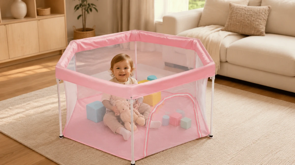 Crian&ccedil;a a brincar com blocos dentro do cercado rosa Extralink Kids K-465