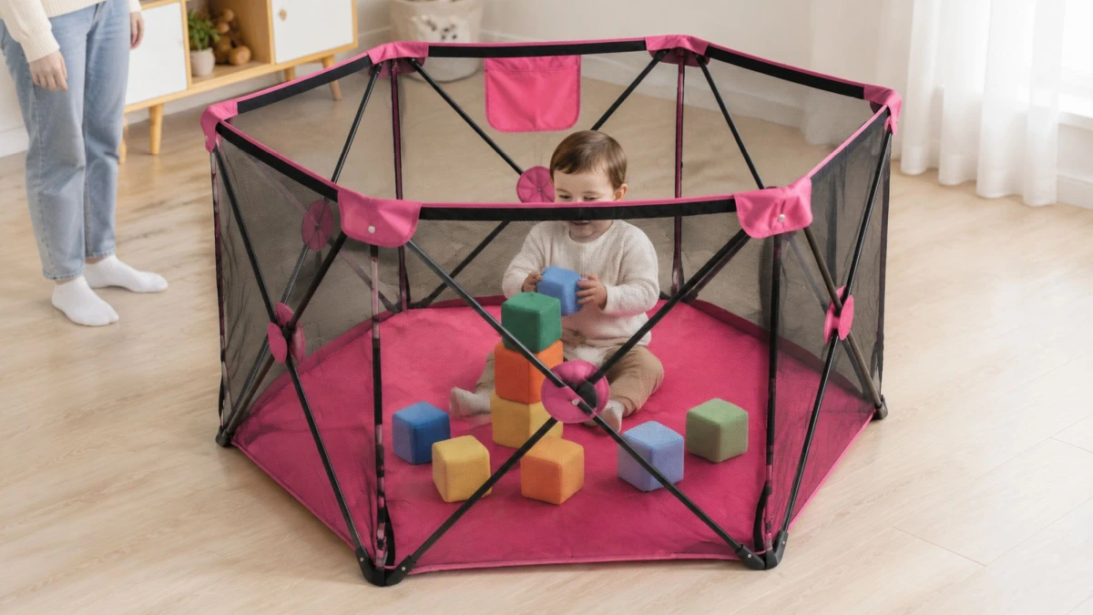 A child arranging soft blocks in the foldable Extralink Kids K-462 playpen