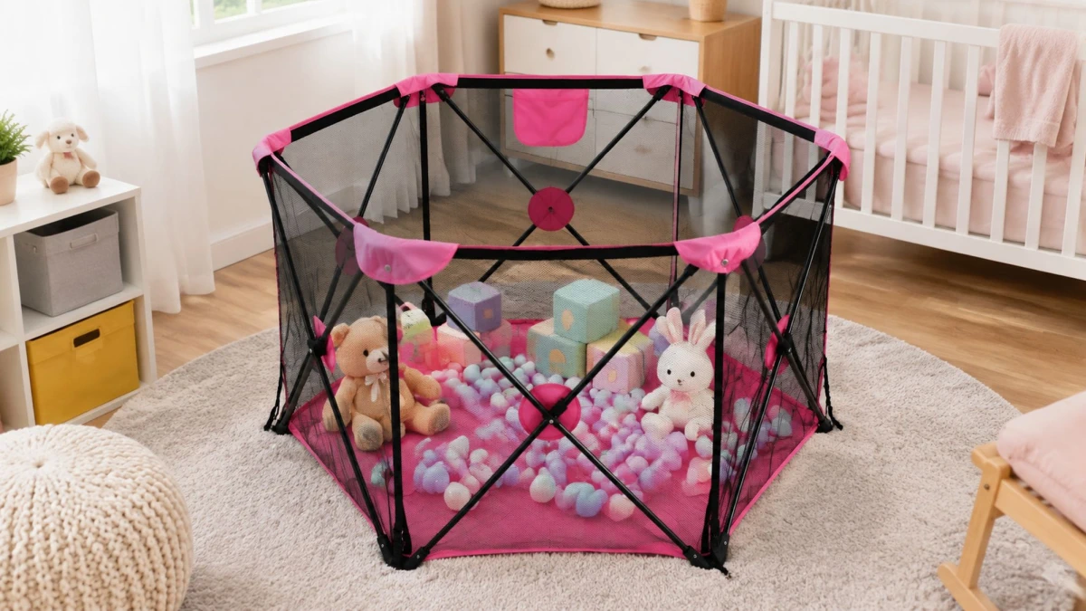 Extralink Kids K-462 playpen used as a ball pit with balls, blocks and soft toys