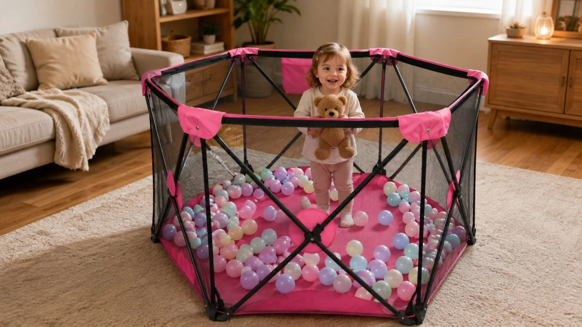 A child with a soft toy in the Extralink Kids K-462 playpen with breathable mesh panels