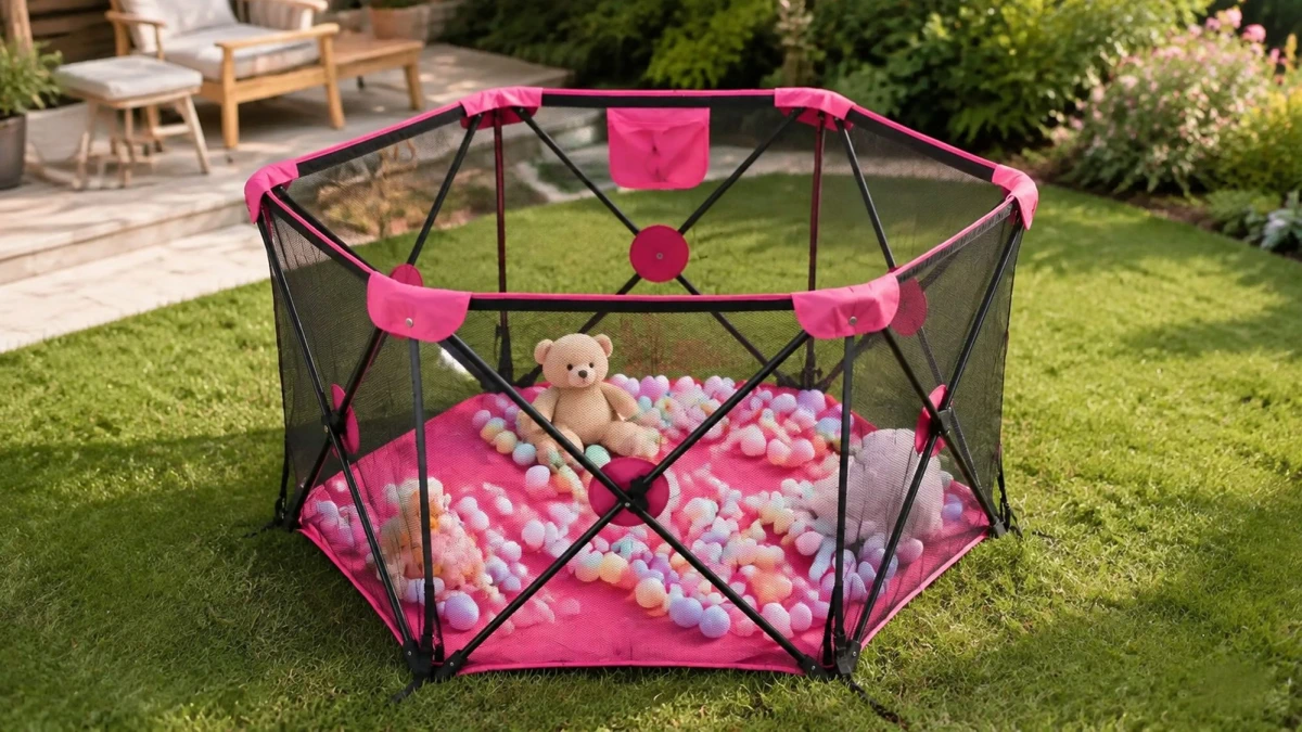 Foldable Extralink Kids K-462 children’s playpen set up on the grass in the garden