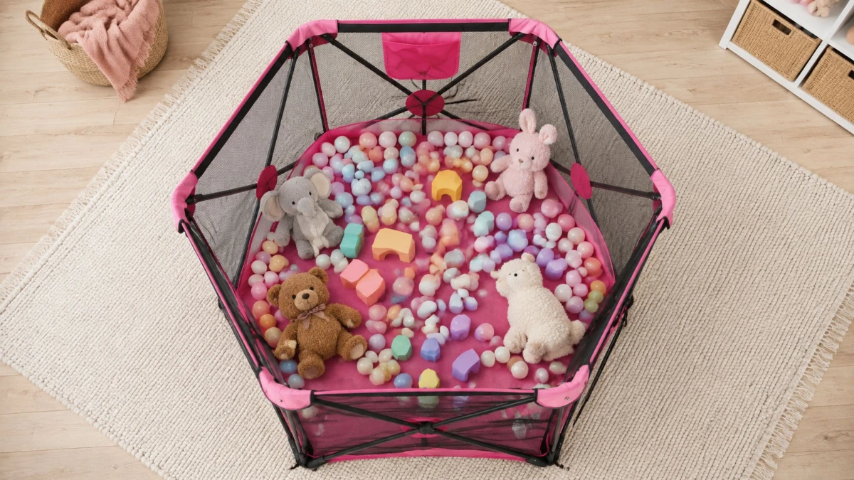 Top view of the Extralink Kids K-462 playpen filled with balls, blocks and soft toys