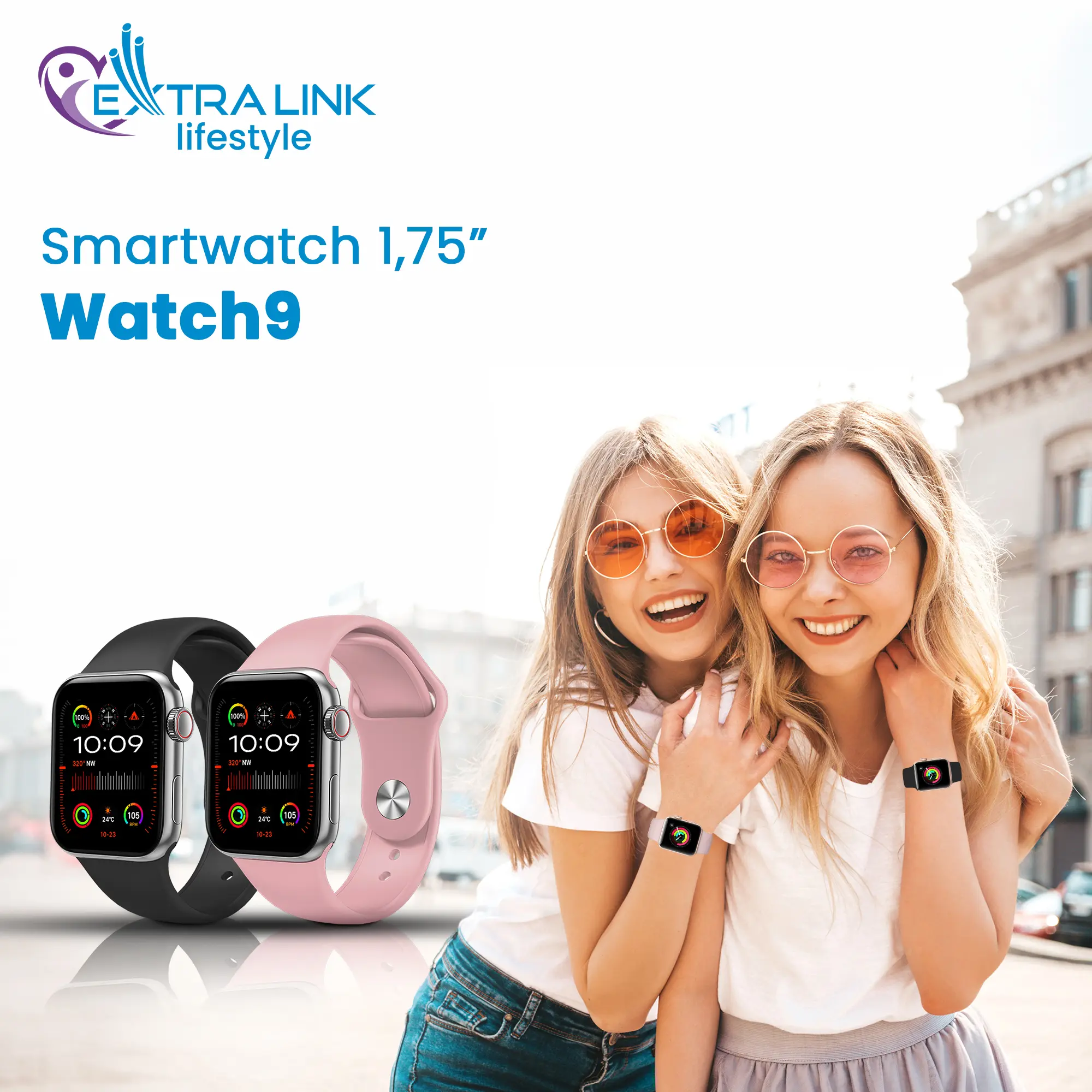 EXTRALINK LIFESTYLE SMARTWATCH WATCH9 СЕРЕБРИСТЫЙ КОРПУС ЧЕРНЫЙ/РОЗОВЫЙ РЕМЕШОК