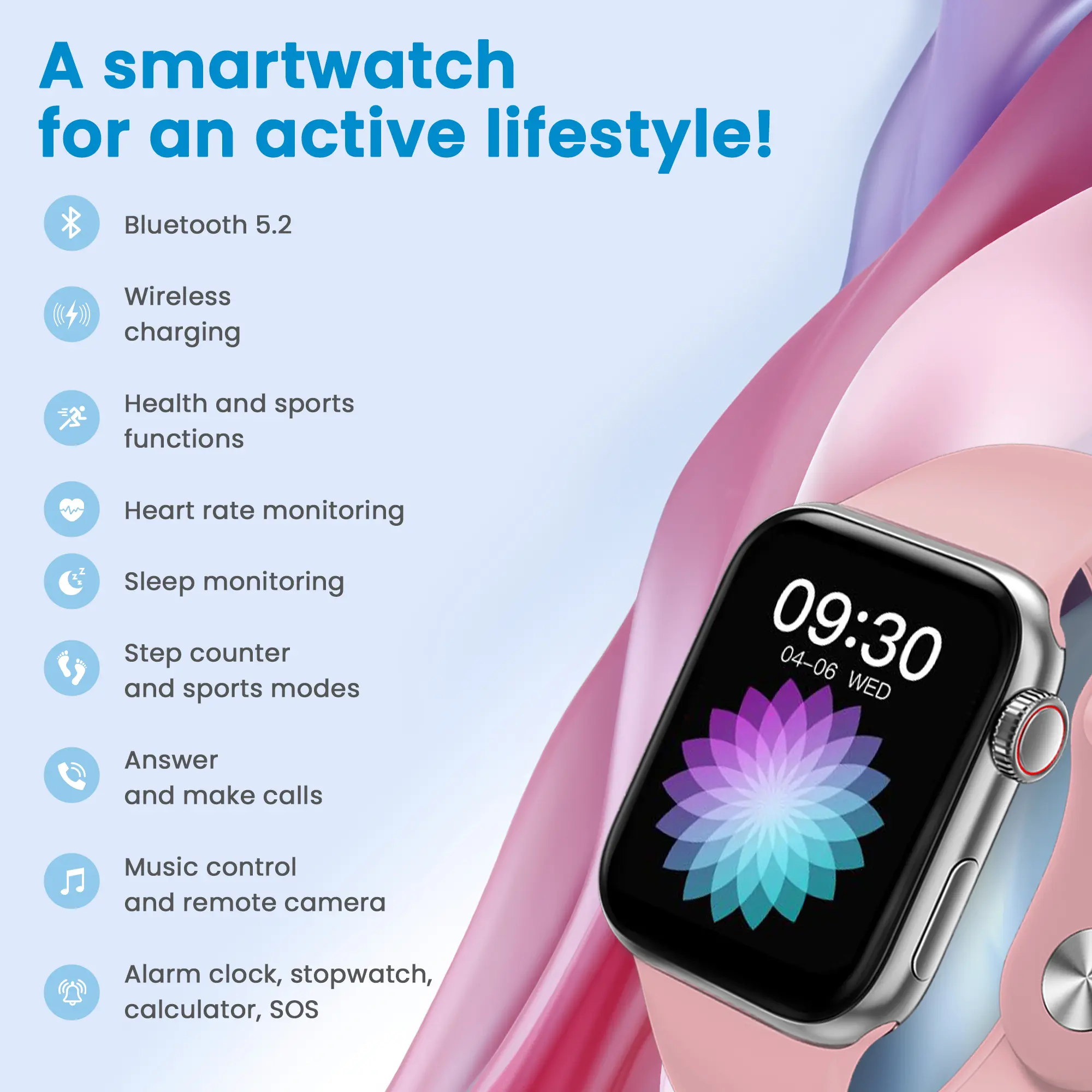 EXTRALINK LIFESTYLE SMARTWATCH WATCH9 СЕРЕБРИСТЫЙ КОРПУС ЧЕРНЫЙ/РОЗОВЫЙ РЕМЕШОК