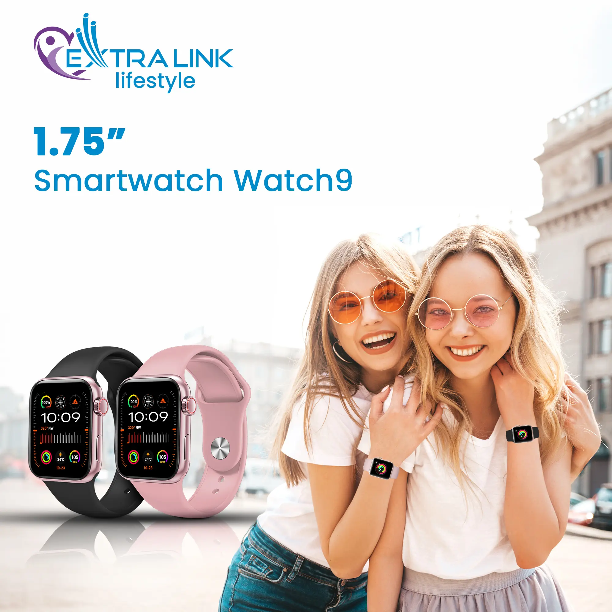 EXTRALINK LIFESTYLE SMARTWATCH WATCH9 SILVER CASE BLACK/PINK BAND