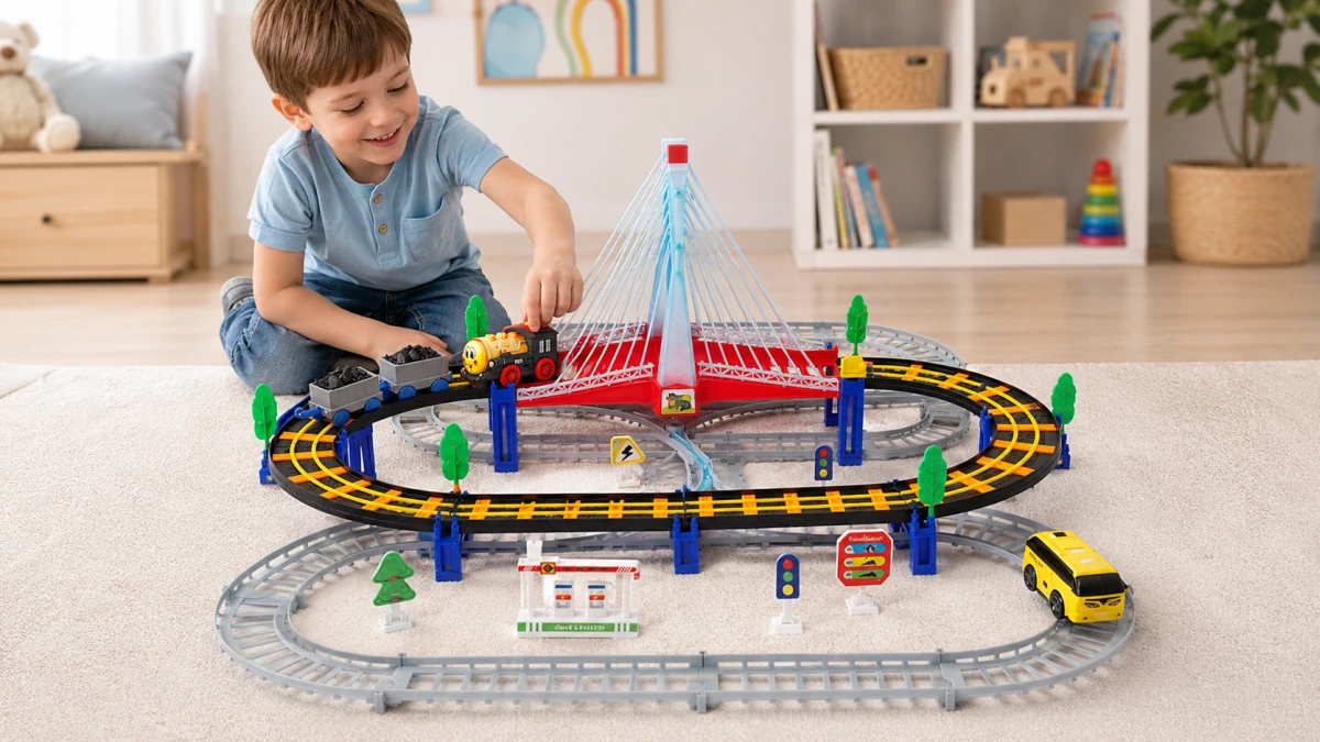Criança a brincar com o comboio elétrico Extralink Kids Track King com locomotiva e carrinho