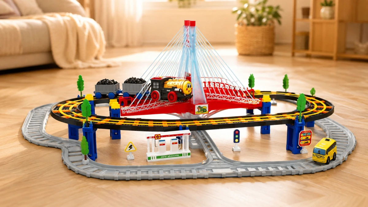 Percurso de dois níveis do comboio Extralink Kids Track King com ponte, locomotiva e carrinho amarelo