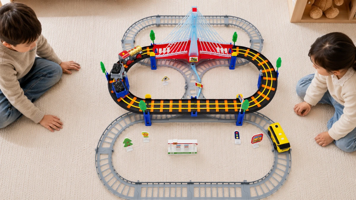 Duas crianças a brincar com o comboio multinível Extralink Kids Track King