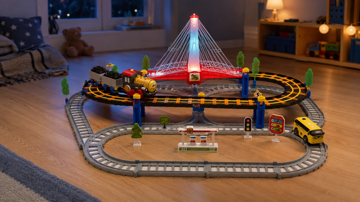 Ponte iluminada do comboio elétrico Extralink Kids Track King durante a brincadeira noturna
