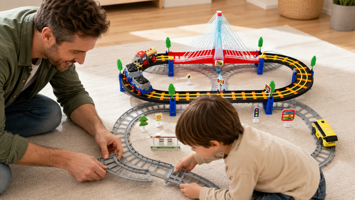 Pai e criança a montar em conjunto os carris do comboio Extralink Kids Track King