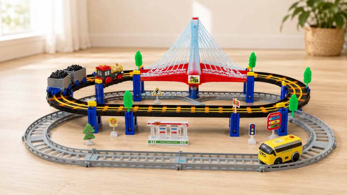Comboio Extralink Kids Track King com locomotiva, vagões, carrinho, estação e sinais