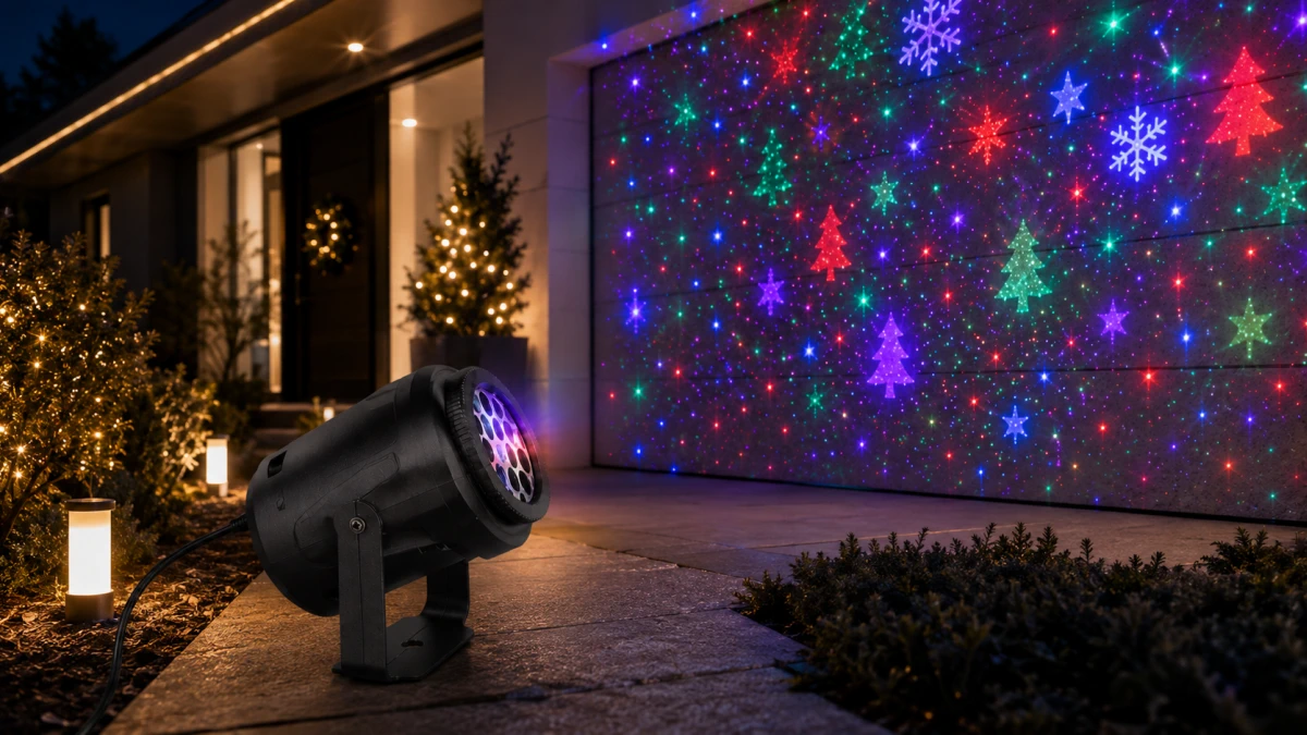 Evin cephesinde yılbaşı desenleri gösteren BN-445 LED projektör