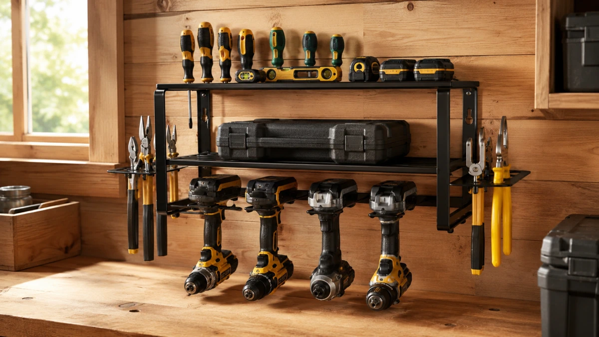 Extralink R-1257 garage shelf with power tools and hand tools
