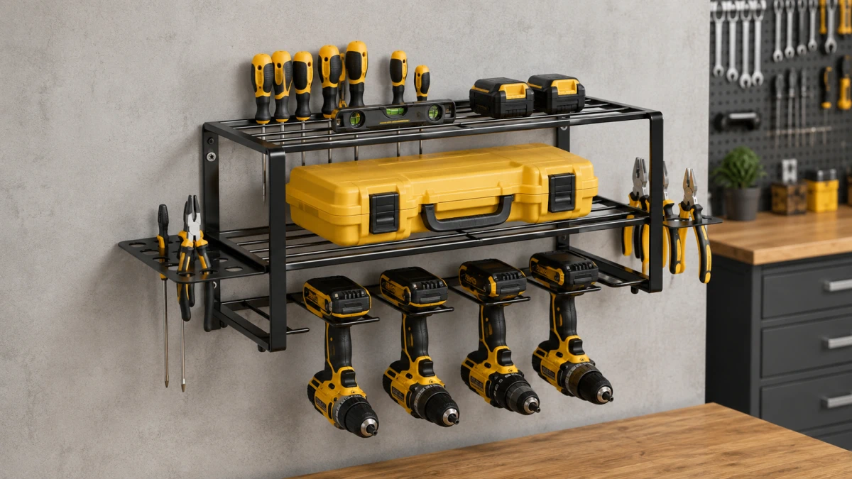 Extralink wall shelf with shelves, drills and a tool box