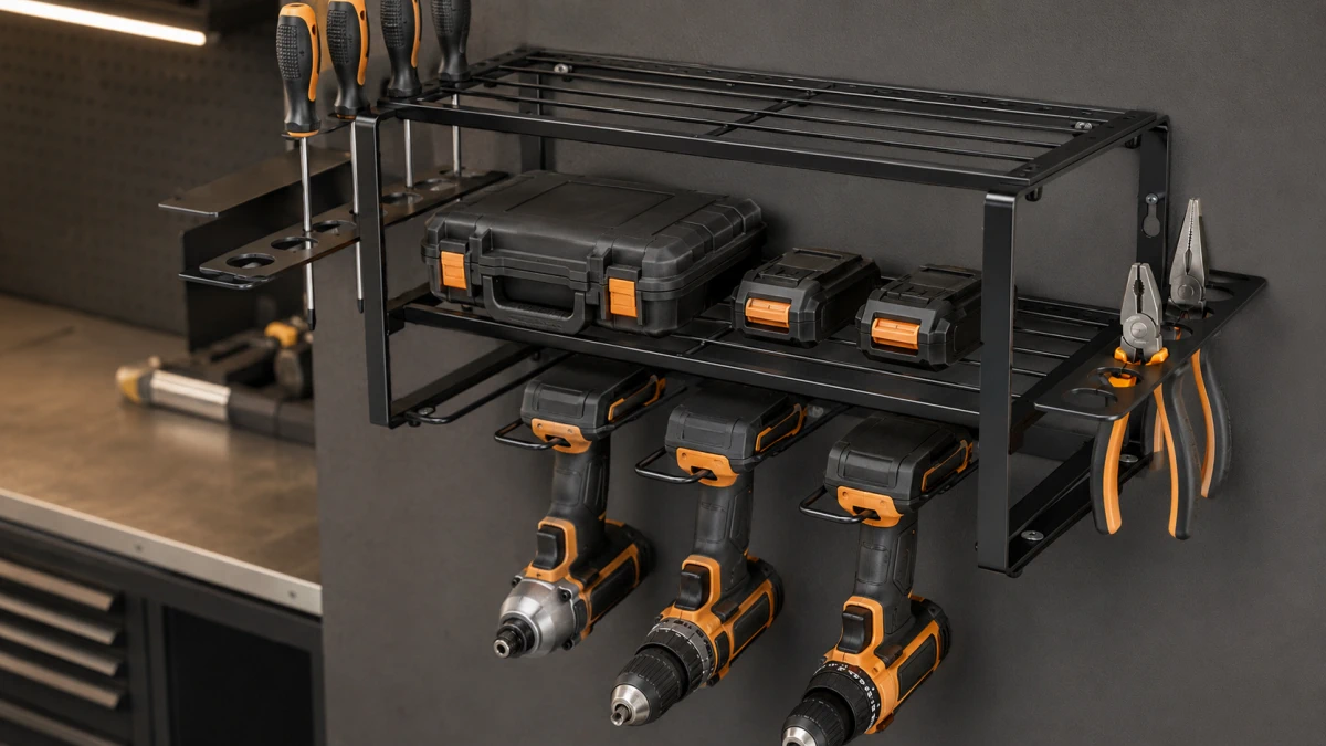 Steel Extralink shelf with power tools, batteries and boxes