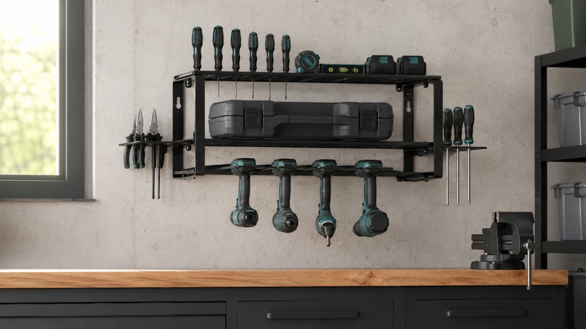 Extralink wall organiser with drills, screwdrivers and hand tools
