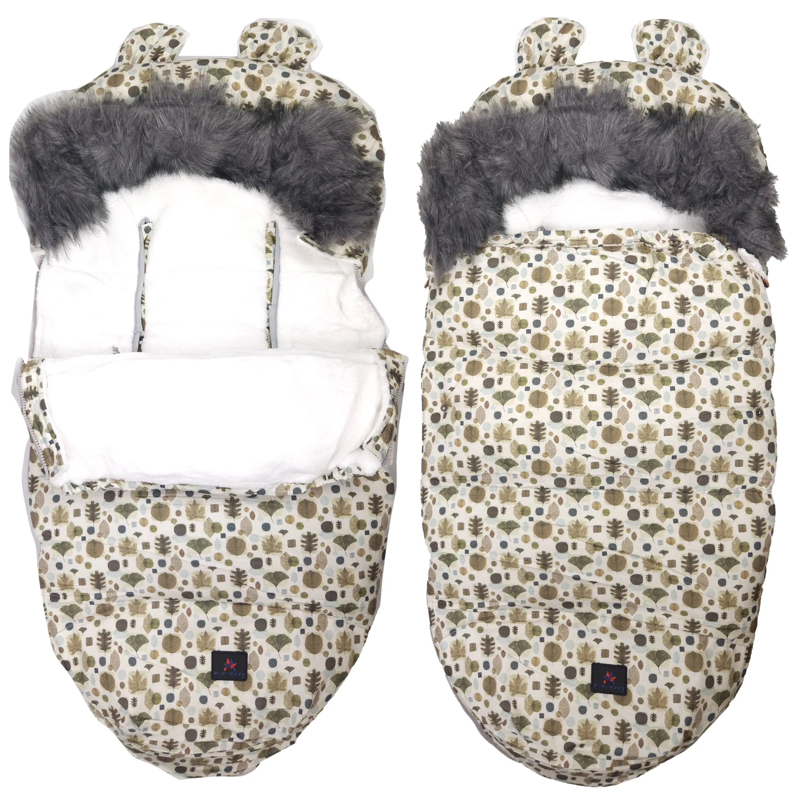 EXTRALINK COCHECITO ASIENTO TRINEO SACO DE DORMIR CON OREJAS DE PIEL AISLANTE BEBÉ 100CM HOJAS