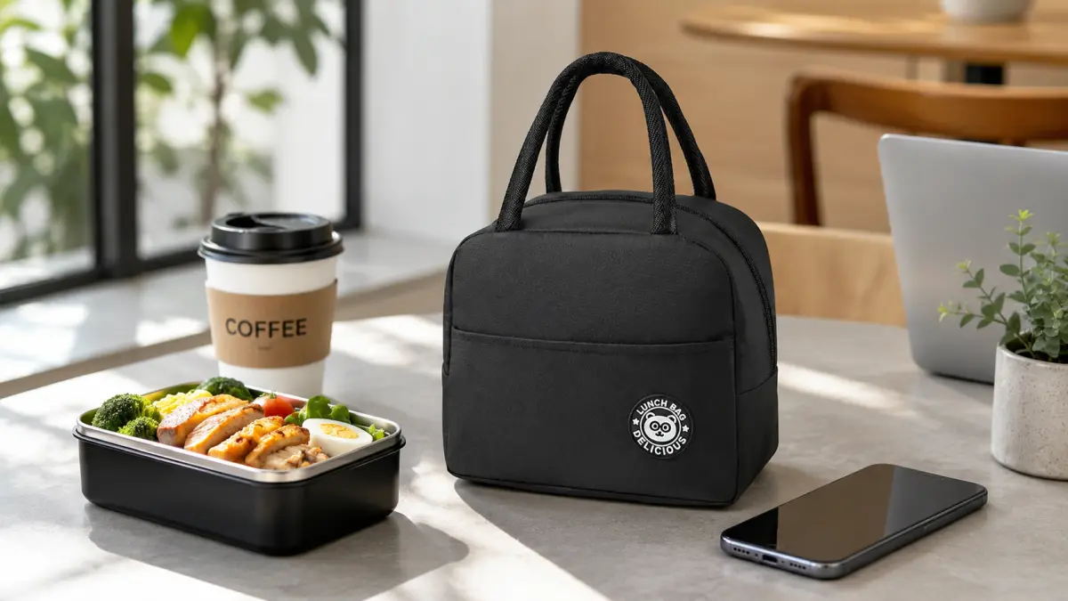 czarna torba na lunch z uchwytami i przednią kieszenią