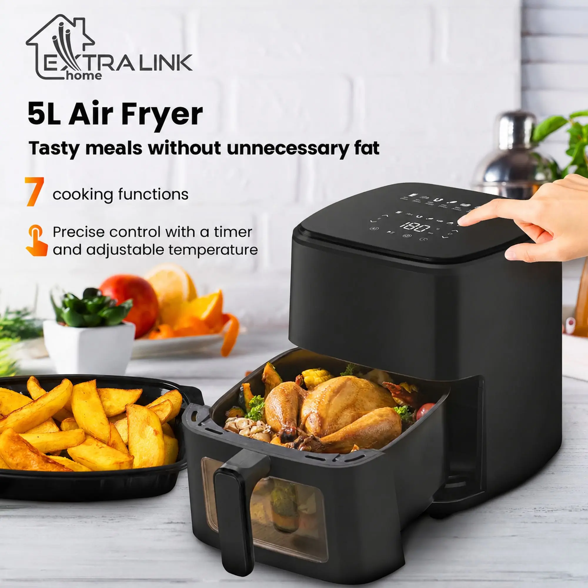 5L 1500W air fryer in black, showing key features and dishes such as chicken, doughnuts, chips and vegetables