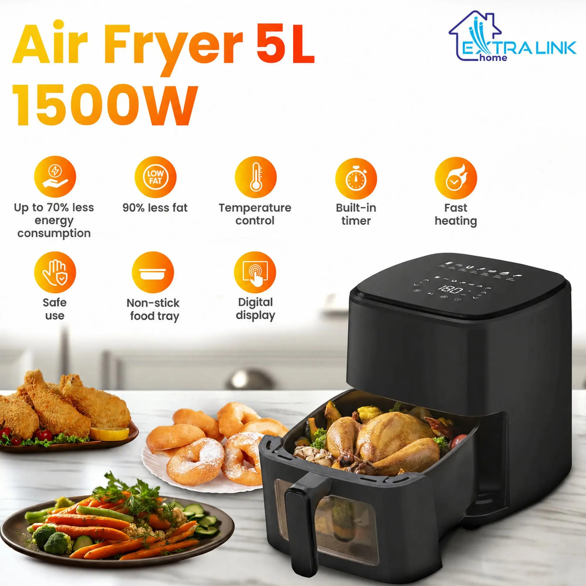 5L air fryer with chicken in the basket, chips and a hand touching the control panel